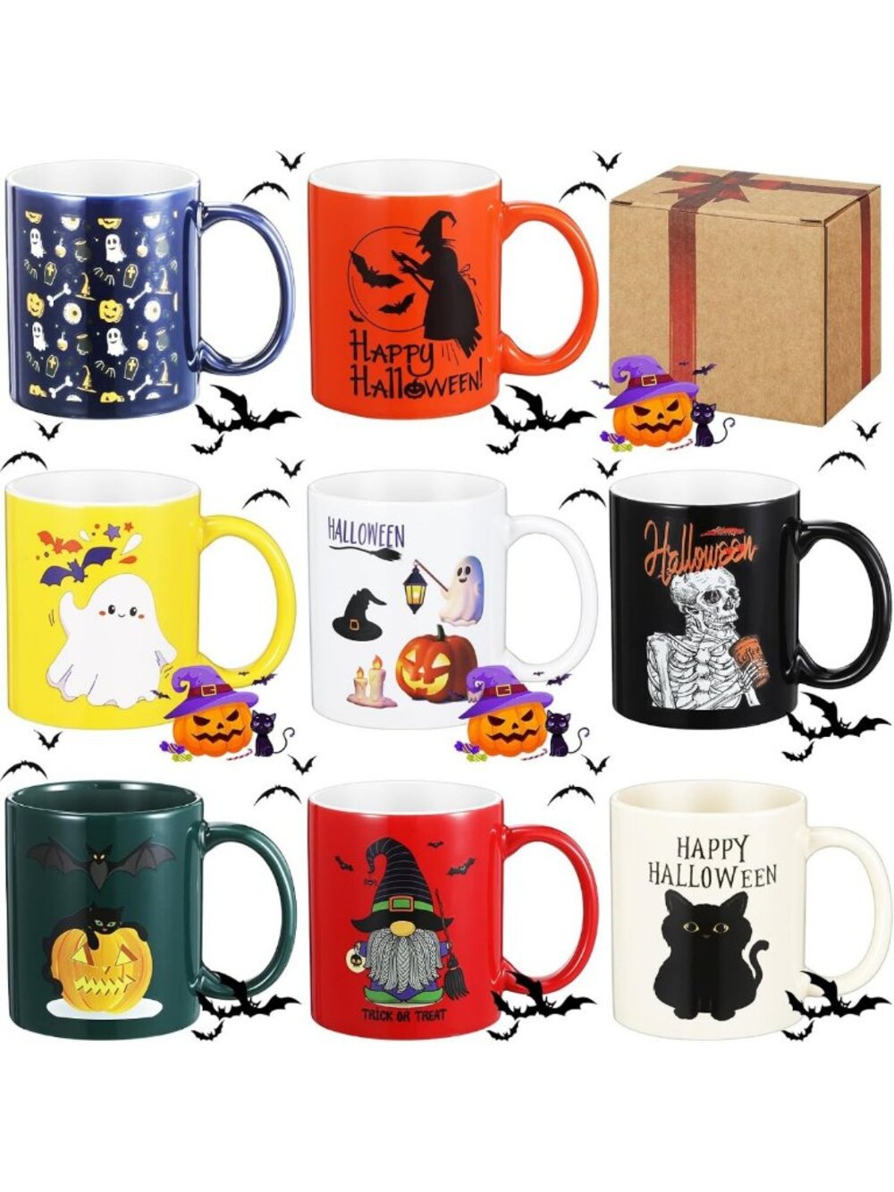 Set of 8 Halloween Ceramic Coffee Mugs, 12 oz, Fun & Festive Drinkware